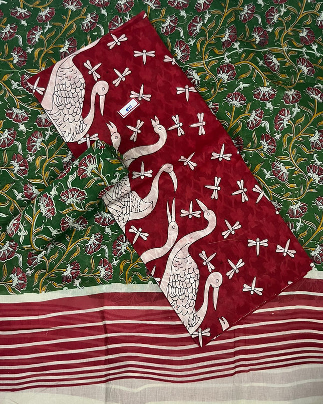 Kalamkari Cotton Hakoba Woven Print 3PC Dress Material Set in Rich Red | Traditional Handcrafted Elegance