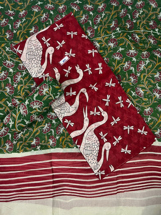 Kalamkari Cotton Hakoba Woven Print 3PC Dress Material Set in Rich Red | Traditional Handcrafted Elegance