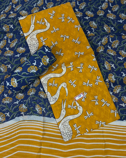 Kalamkari Cotton Hakoba Woven Print 3PC Dress Material Set in Mustard Yellow | Traditional Handcrafted Elegance