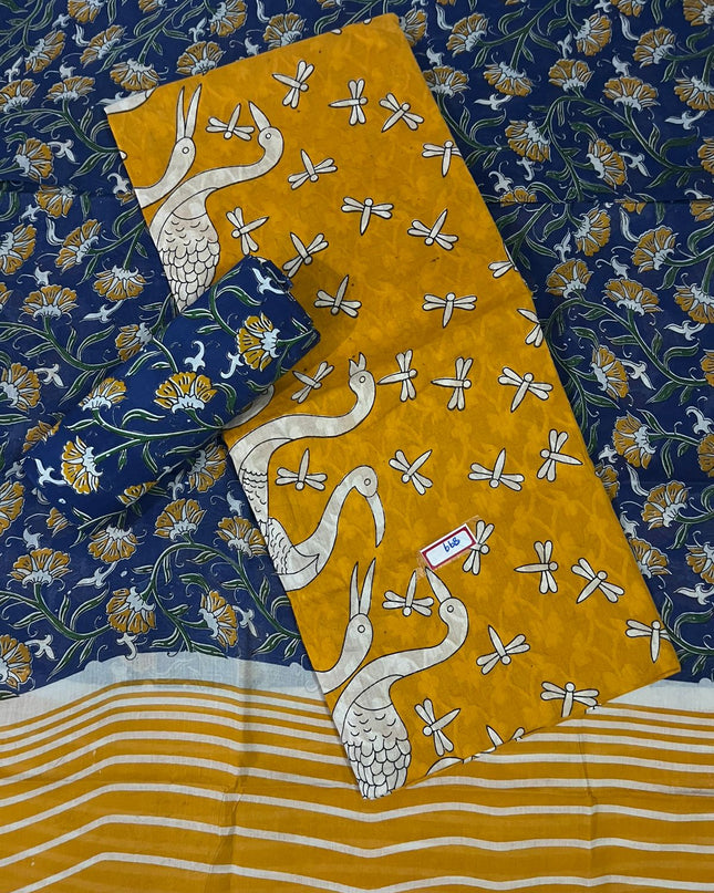 Kalamkari Cotton Hakoba Woven Print 3PC Dress Material Set in Mustard Yellow | Traditional Handcrafted Elegance
