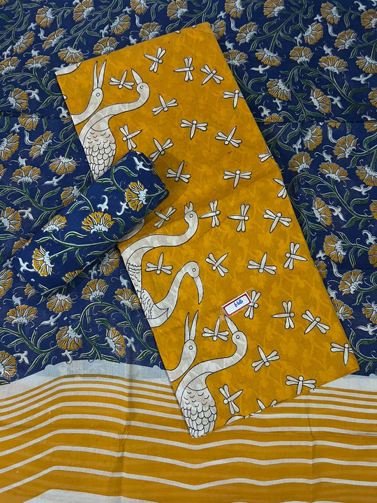 Kalamkari Cotton Hakoba Woven Print 3PC Dress Material Set in Mustard Yellow | Traditional Handcrafted Elegance