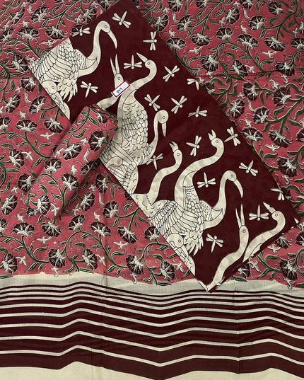 Kalamkari Cotton Hakoba Woven Print 3PC Dress Material Set in Rich Brown | Traditional Handcrafted Elegance