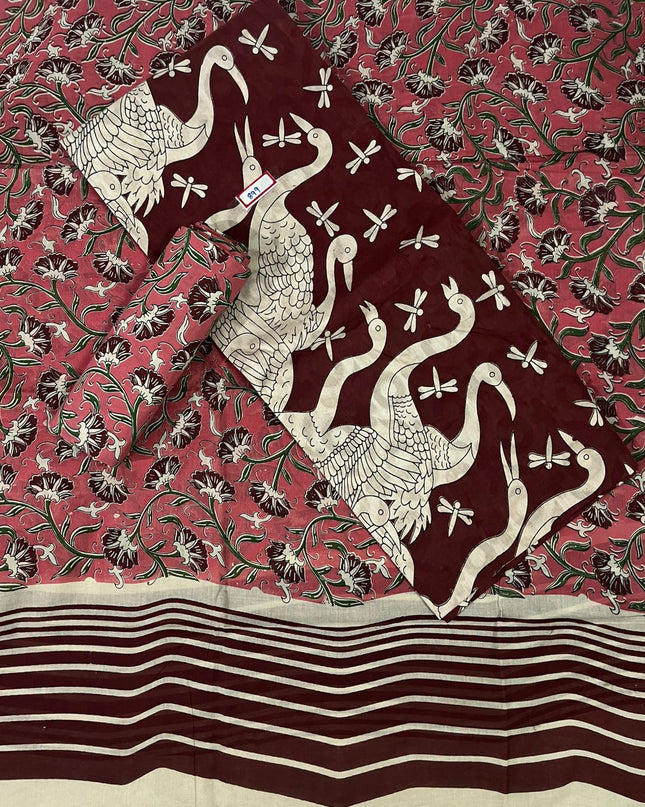 Kalamkari Cotton Hakoba Woven Print 3PC Dress Material Set in Rich Brown | Traditional Handcrafted Elegance
