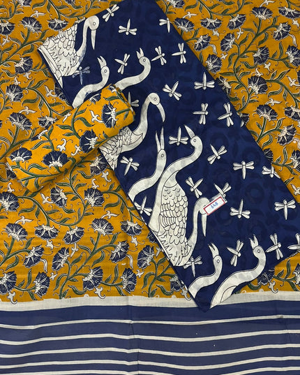 Kalamkari Cotton Hakoba Woven Print 3PC Dress Material Set in Classic Navy Blue | Traditional Handcrafted Elegance