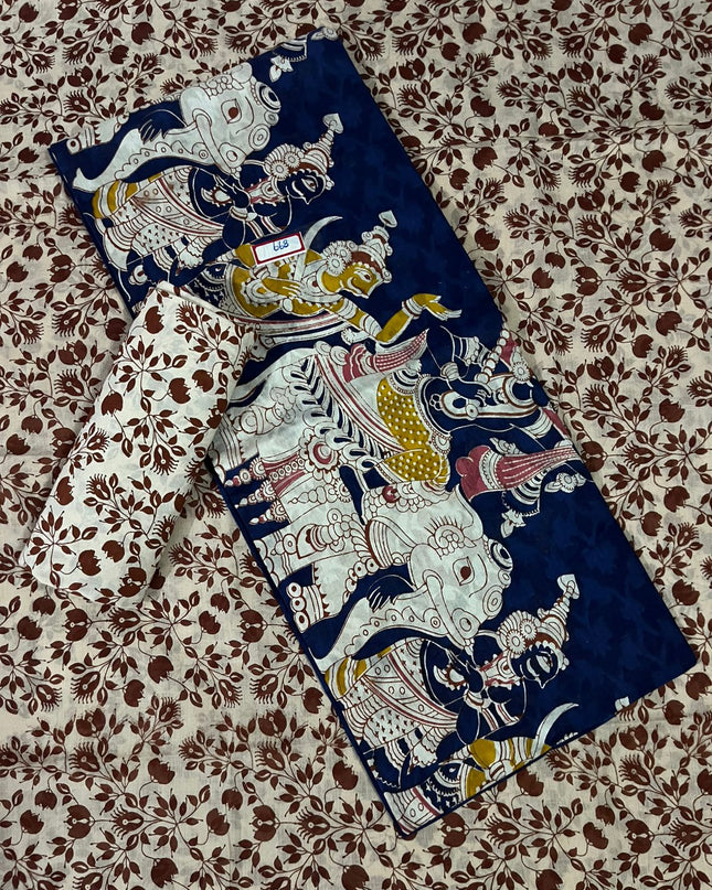 Kalamkari Cotton Hakoba Woven Print 3PC Dress Material Set in Classic Navy Blue | Traditional Handcrafted Elegance