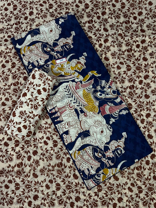 Kalamkari Cotton Hakoba Woven Print 3PC Dress Material Set in Classic Navy Blue | Traditional Handcrafted Elegance