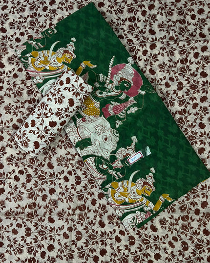 Kalamkari Cotton Hakoba Woven Print 3PC Dress Material Set in  Forest Green | Traditional Handcrafted Elegance