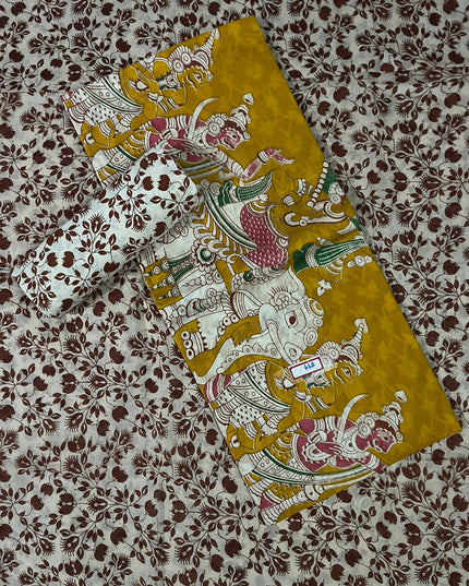 Kalamkari Cotton Hakoba Woven Print 3PC Dress Material Set in Mustard Yellow | Traditional Handcrafted Elegance