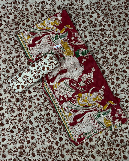 Kalamkari Cotton Hakoba Woven Print 3PC Dress Material Set in Rich Burgundy | Traditional Handcrafted Elegance