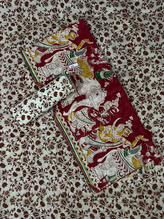 Kalamkari Cotton Hakoba Woven Print 3PC Dress Material Set in Rich Burgundy | Traditional Handcrafted Elegance