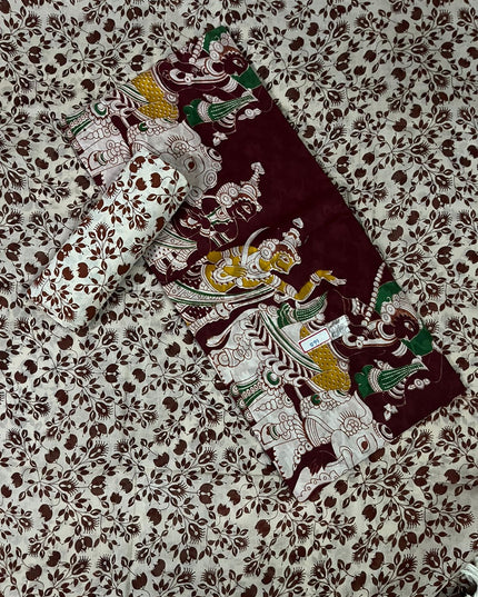 Kalamkari Cotton Hakoba Woven Print 3PC Dress Material Set in Rich Burgundy | Traditional Handcrafted Elegance