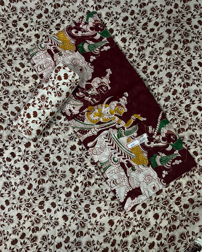 Kalamkari Cotton Hakoba Woven Print 3PC Dress Material Set in Rich Burgundy | Traditional Handcrafted Elegance