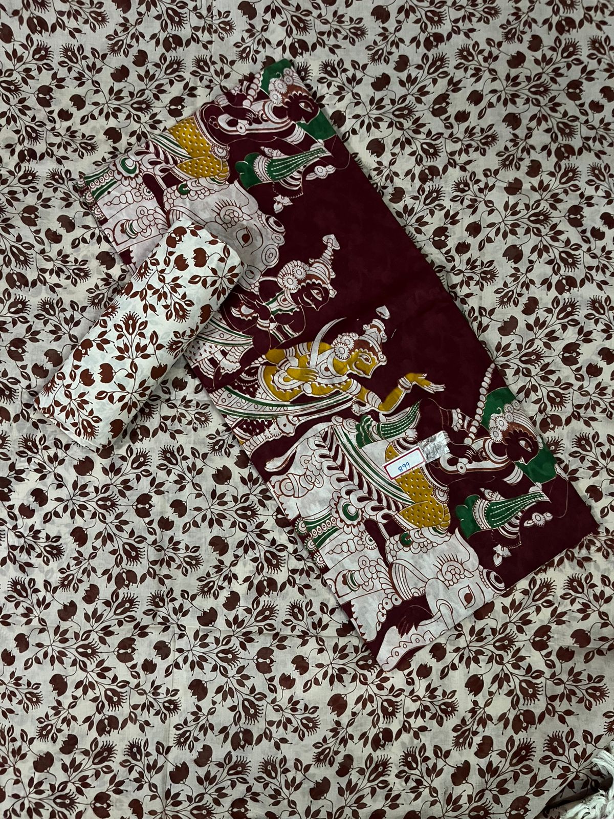 Kalamkari Cotton Hakoba Woven Print 3PC Dress Material Set in Rich Burgundy | Traditional Handcrafted Elegance