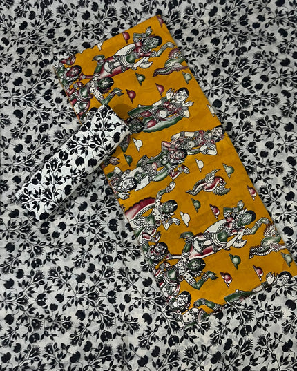 Kalamkari Cotton Hakoba Woven Print 3PC Dress Material Set in Mustard Yellow | Traditional Handcrafted Elegance