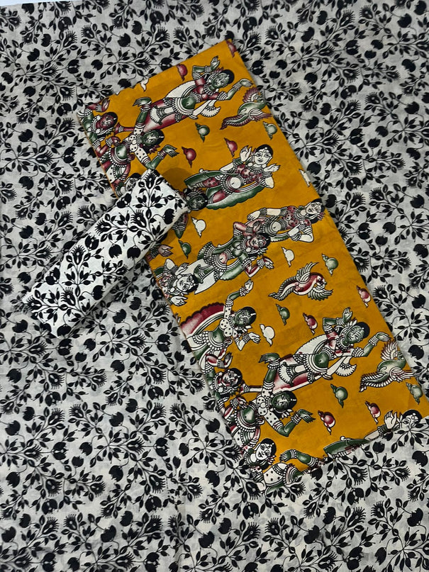 Kalamkari Cotton Hakoba Woven Print 3PC Dress Material Set in Mustard Yellow | Traditional Handcrafted Elegance