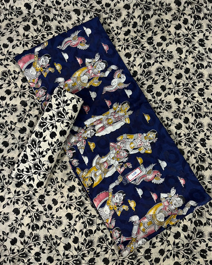 Kalamkari Cotton Hakoba Woven Print 3PC Dress Material Set in Classic Navy Blue | Traditional Handcrafted Elegance