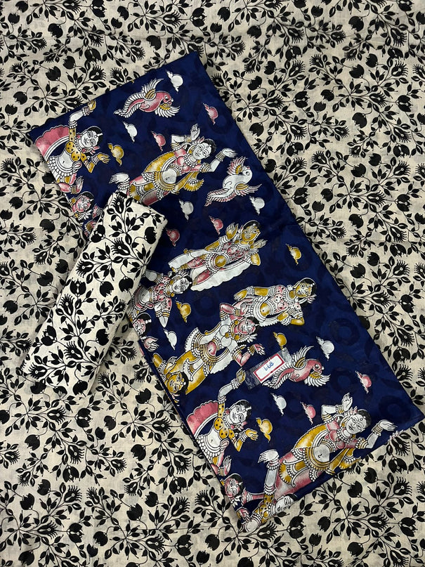 Kalamkari Cotton Hakoba Woven Print 3PC Dress Material Set in Classic Navy Blue | Traditional Handcrafted Elegance