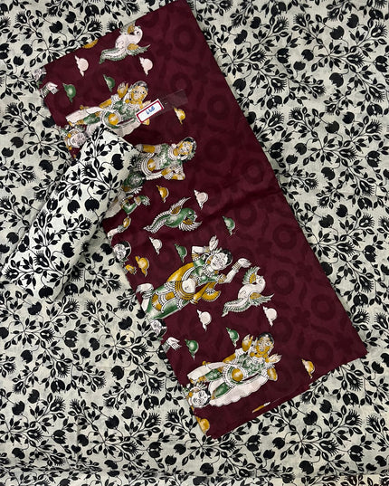 Kalamkari Cotton Hakoba Woven Print 3PC Dress Material Set in  Burgundy Colour | Traditional Handcrafted Elegance