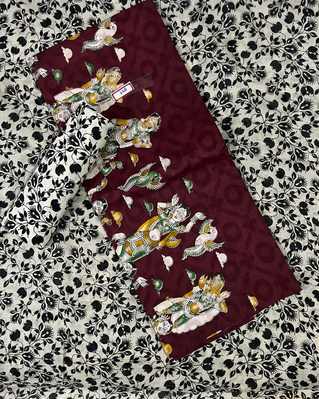 Kalamkari Cotton Hakoba Woven Print 3PC Dress Material Set in  Burgundy Colour | Traditional Handcrafted Elegance