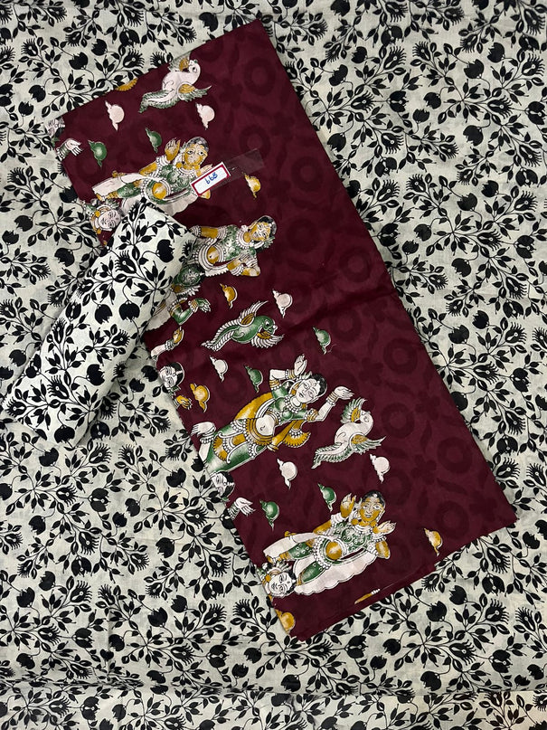 Kalamkari Cotton Hakoba Woven Print 3PC Dress Material Set in  Burgundy Colour | Traditional Handcrafted Elegance