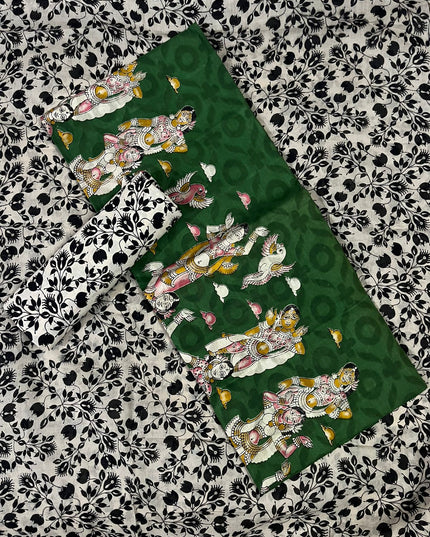 Kalamkari Cotton Hakoba Woven Print 3PC Dress Material Set in Rich Forest Green | Traditional Handcrafted Elegance