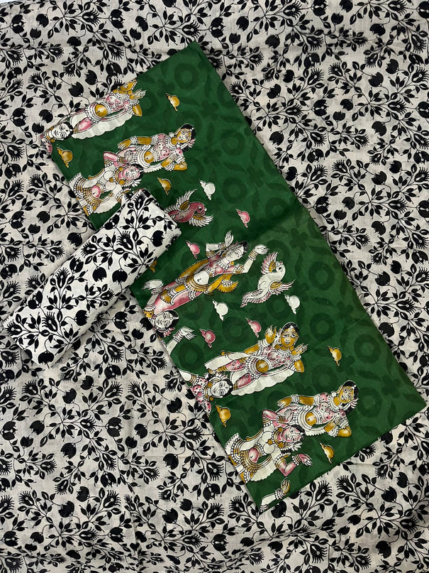 Kalamkari Cotton Hakoba Woven Print 3PC Dress Material Set in Rich Forest Green | Traditional Handcrafted Elegance
