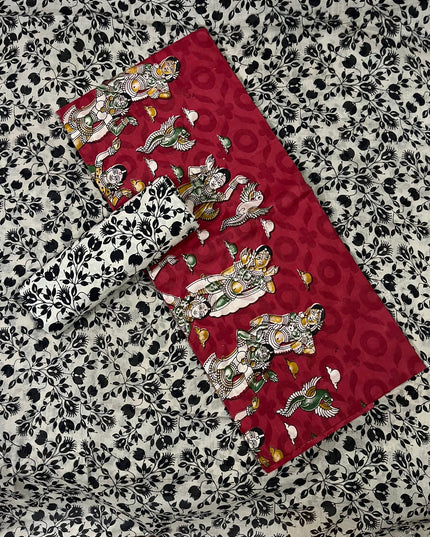Kalamkari Cotton Hakoba Woven Print 3PC Dress Material Set in Rich Brick Red | Traditional Handcrafted Elegance