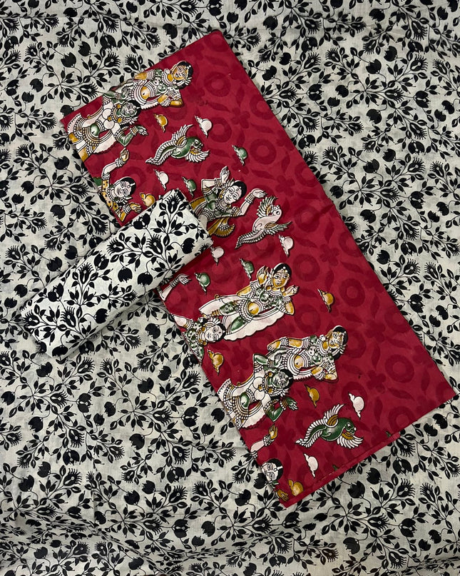 Kalamkari Cotton Hakoba Woven Print 3PC Dress Material Set in Rich Brick Red | Traditional Handcrafted Elegance