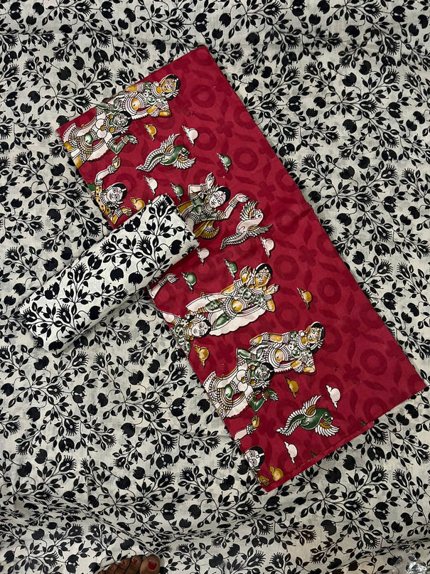 Kalamkari Cotton Hakoba Woven Print 3PC Dress Material Set in Rich Brick Red | Traditional Handcrafted Elegance