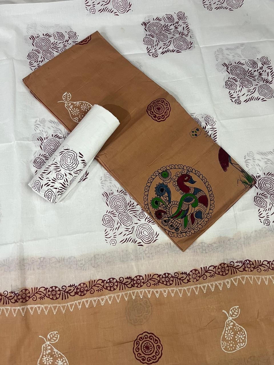 Traditional Handblock Cotton Dress Material in Beige & White | Elegant Peacock & Floral Handblock Print
