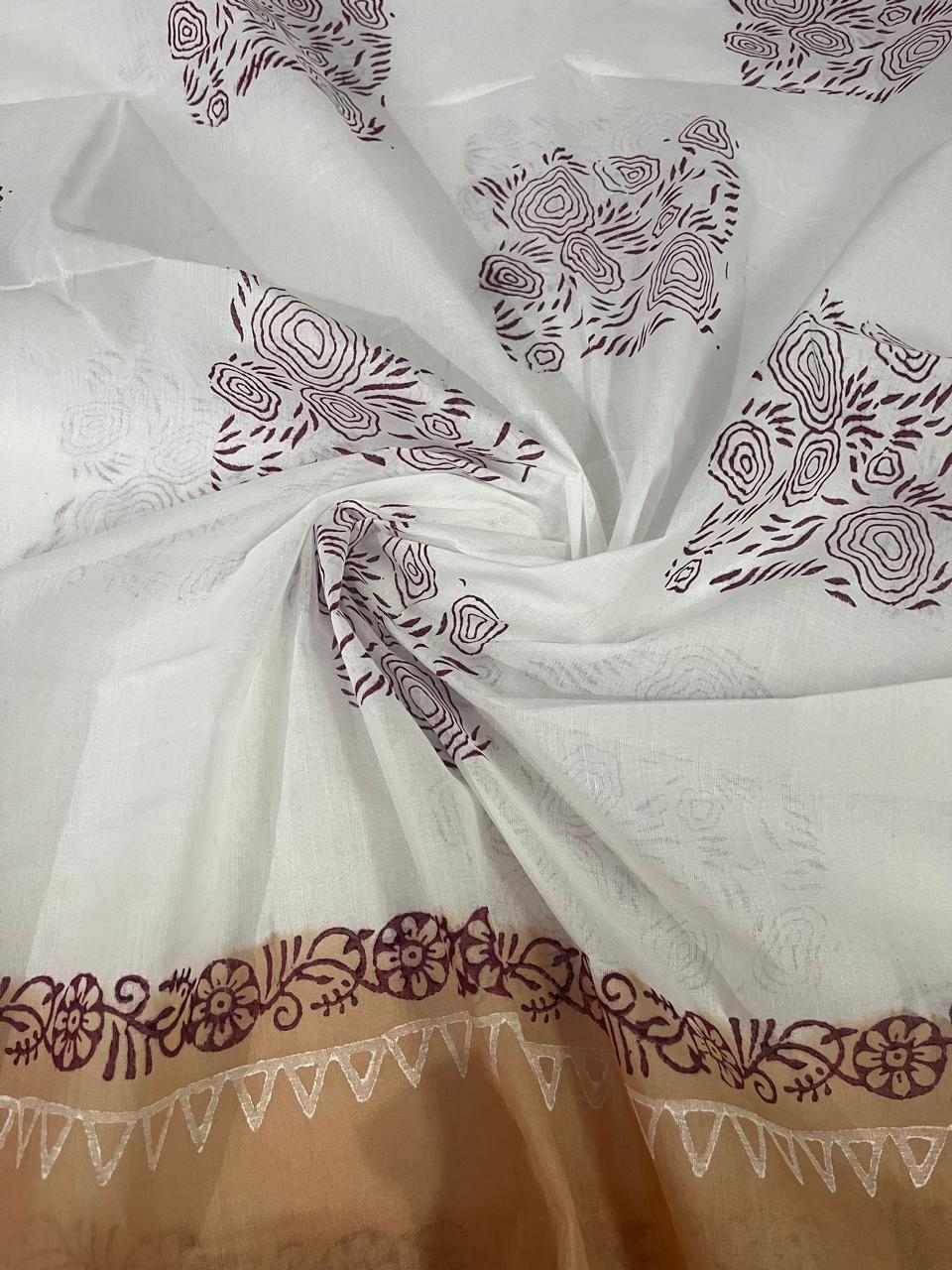 Traditional Handblock Cotton Dress Material in Beige & White | Elegant Peacock & Floral Handblock Print