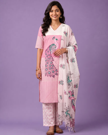 Madhubani Printed Peacock Design 3PC Kurti Set in Pink Colour with Printed Dupatta | Stylish Ethnic Wear | Ready to Wear