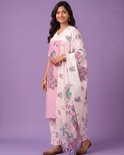 Madhubani Printed Peacock Design 3PC Kurti Set in Pink Colour with Printed Dupatta | Stylish Ethnic Wear | Ready to Wear