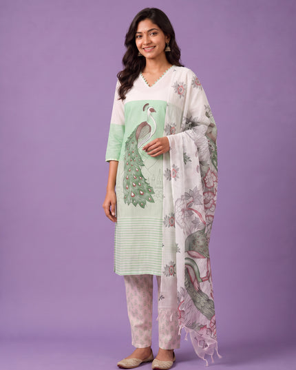 Madhubani Printed Peacock Design 3PC Kurti Set in Pastel Green Colour with Printed Dupatta | Stylish Ethnic Wear | Ready to Wear