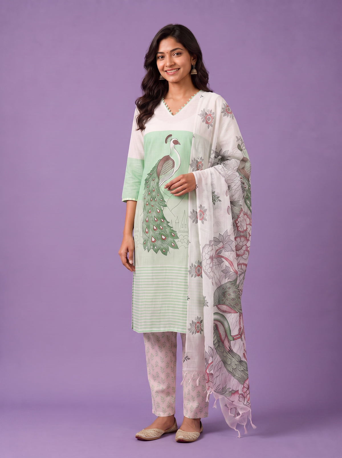 Madhubani Printed Peacock Design 3PC Kurti Set in Pastel Green Colour with Printed Dupatta | Stylish Ethnic Wear | Ready to Wear