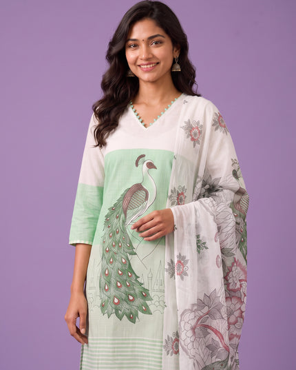 Madhubani Printed Peacock Design 3PC Kurti Set in Pastel Green Colour with Printed Dupatta | Stylish Ethnic Wear | Ready to Wear