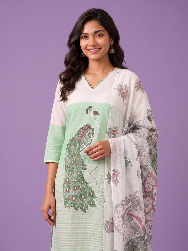Madhubani Printed Peacock Design 3PC Kurti Set in Pastel Green Colour with Printed Dupatta | Stylish Ethnic Wear | Ready to Wear