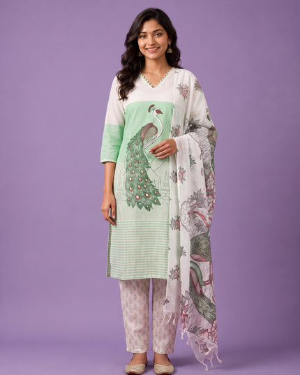 Madhubani Printed Peacock Design 3PC Kurti Set in Pastel Green Colour with Printed Dupatta | Stylish Ethnic Wear | Ready to Wear