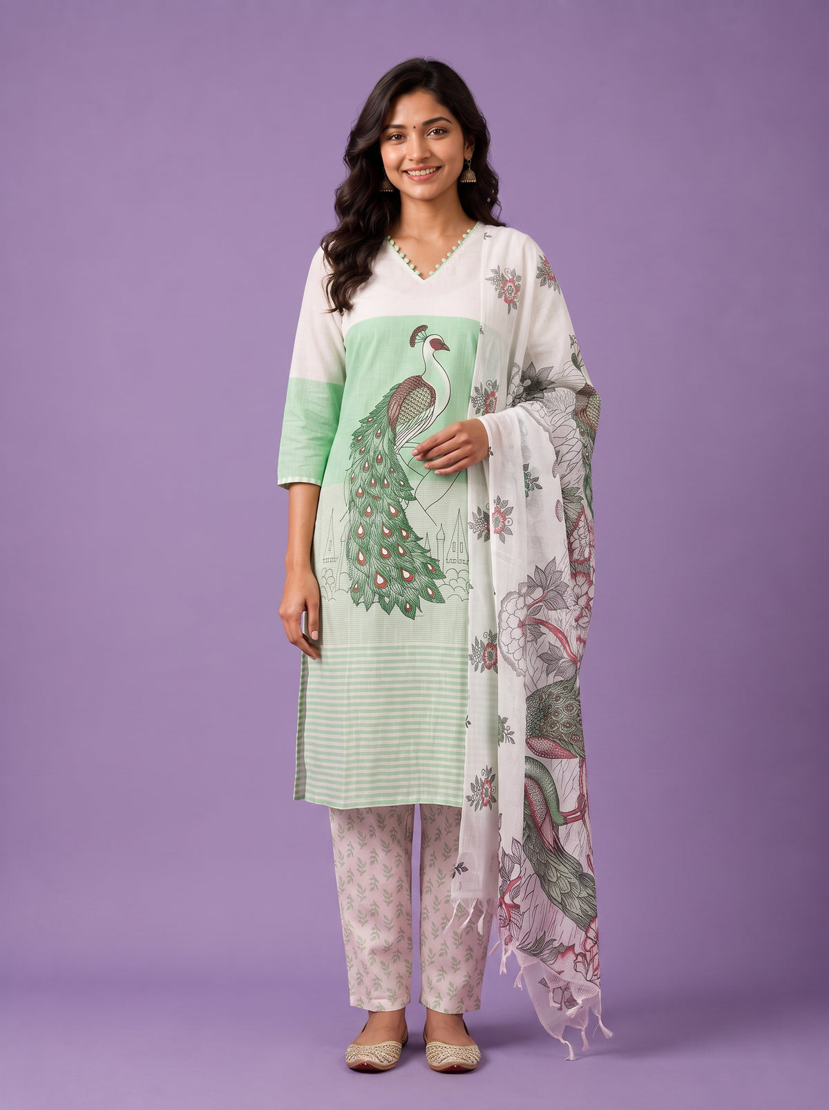 Madhubani Printed Peacock Design 3PC Kurti Set in Pastel Green Colour with Printed Dupatta | Stylish Ethnic Wear | Ready to Wear