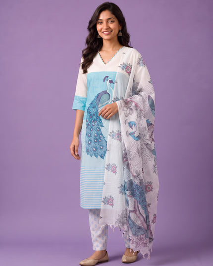 Madhubani Printed Peacock Design 3PC Kurti Set in Sky Blue Colour with Printed Dupatta | Stylish Ethnic Wear | Ready to Wear