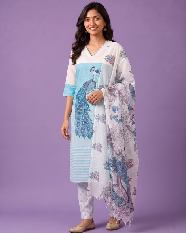 Madhubani Printed Peacock Design 3PC Kurti Set in Sky Blue Colour with Printed Dupatta | Stylish Ethnic Wear | Ready to Wear
