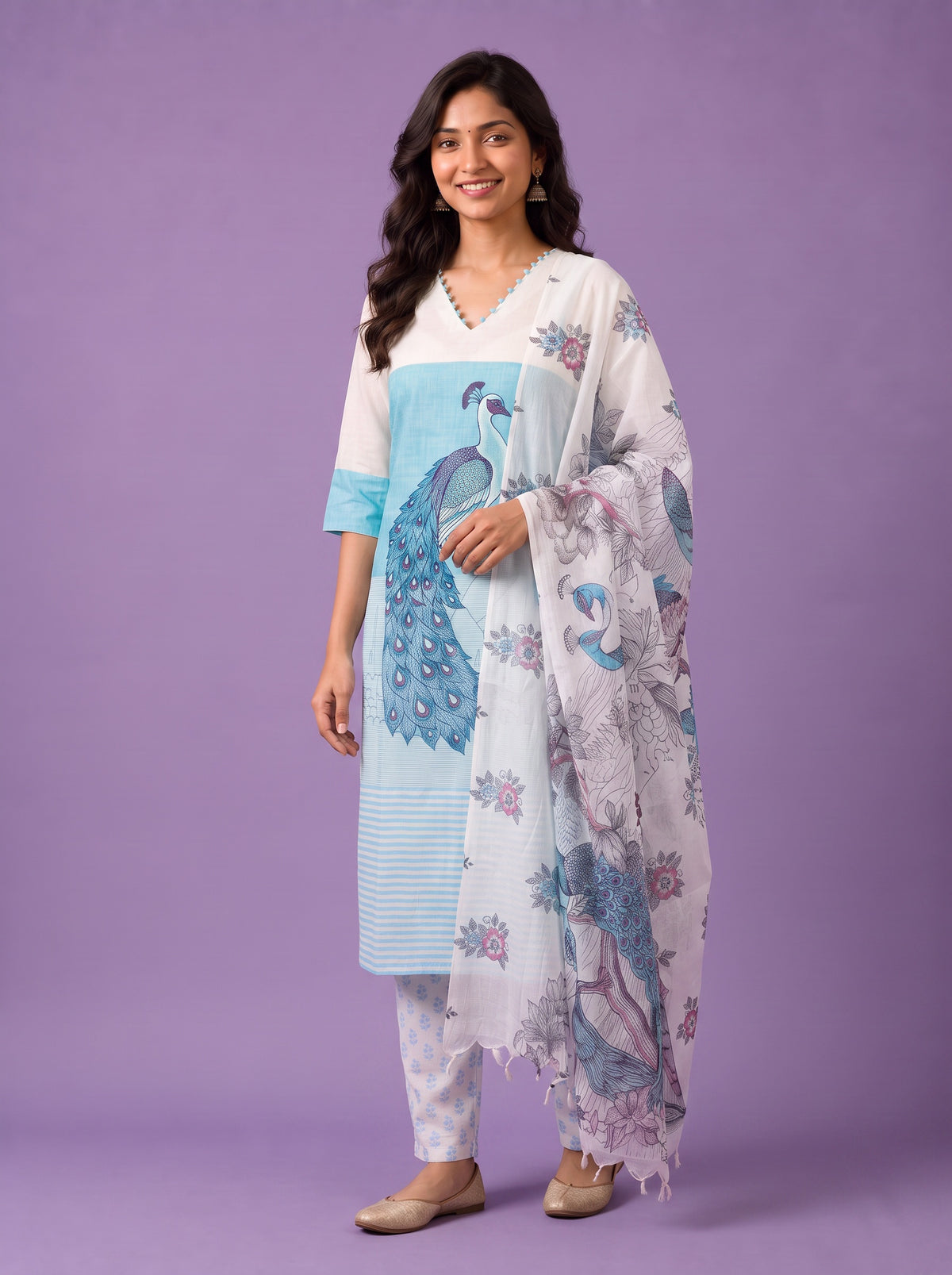 Madhubani Printed Peacock Design 3PC Kurti Set in Sky Blue Colour with Printed Dupatta | Stylish Ethnic Wear | Ready to Wear