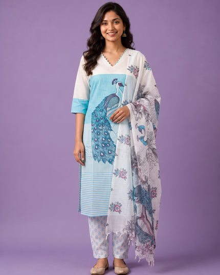 Madhubani Printed Peacock Design 3PC Kurti Set in Sky Blue Colour with Printed Dupatta | Stylish Ethnic Wear | Ready to Wear