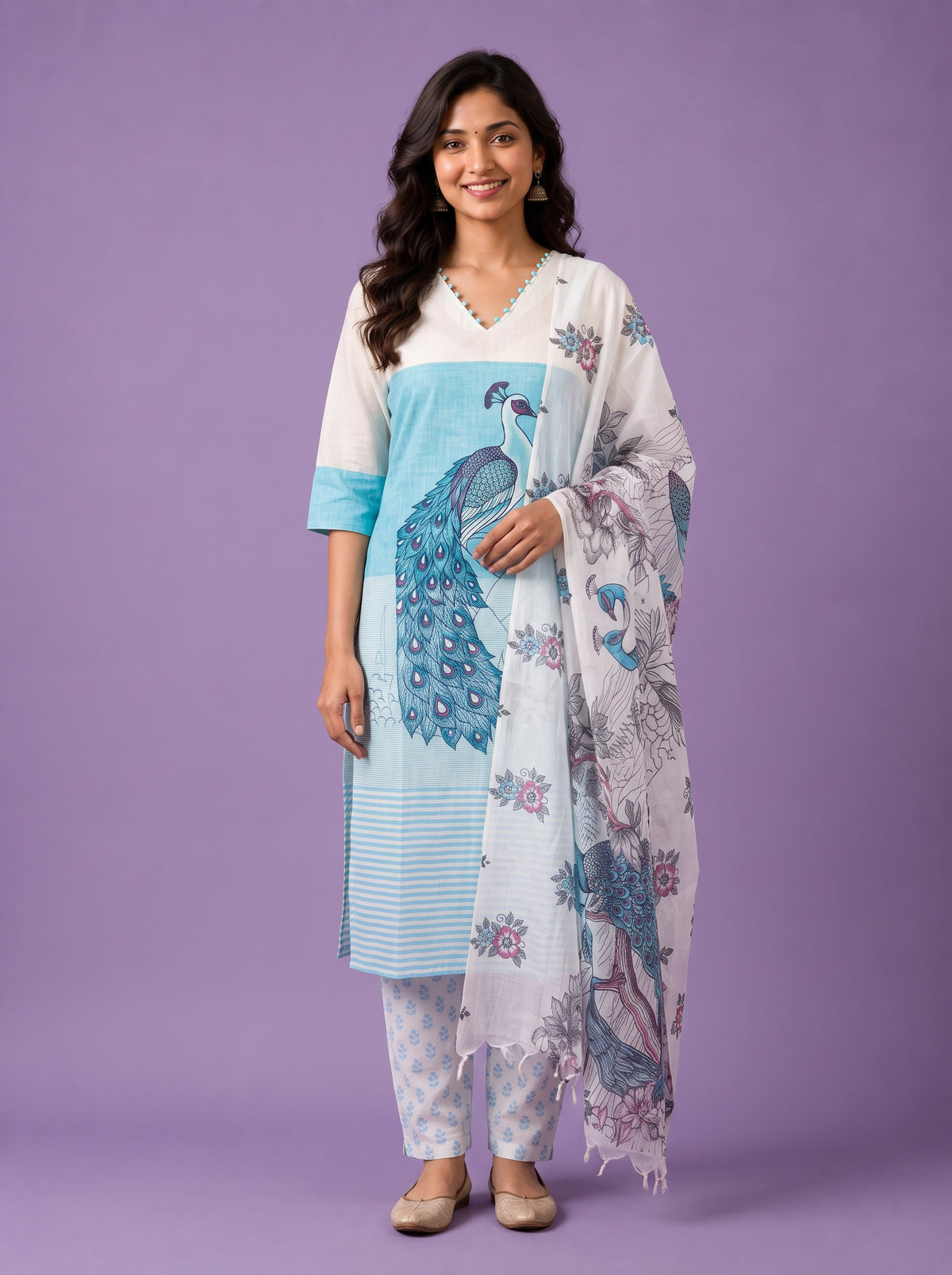 Madhubani Printed Peacock Design 3PC Kurti Set in Sky Blue Colour with Printed Dupatta | Stylish Ethnic Wear | Ready to Wear