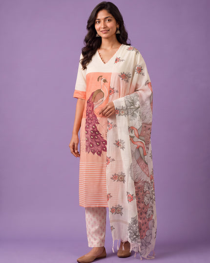 Madhubani Printed Peacock Design 3PC Kurti Set in Peach Colour with Printed Dupatta | Stylish Ethnic Wear | Ready to Wear