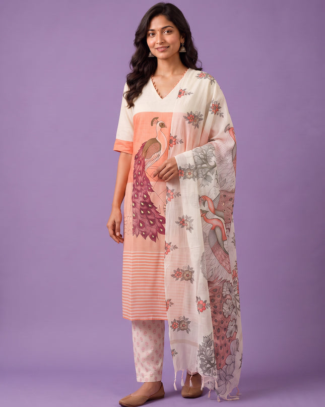 Madhubani Printed Peacock Design 3PC Kurti Set in Peach Colour with Printed Dupatta | Stylish Ethnic Wear | Ready to Wear