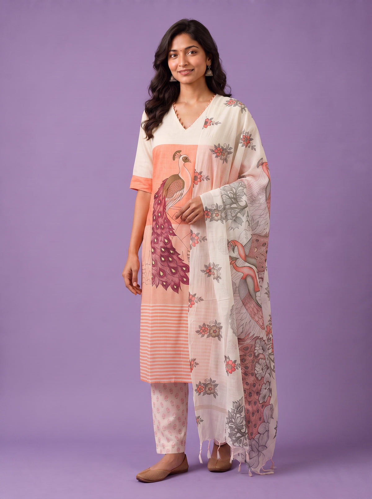 Madhubani Printed Peacock Design 3PC Kurti Set in Peach Colour with Printed Dupatta | Stylish Ethnic Wear | Ready to Wear