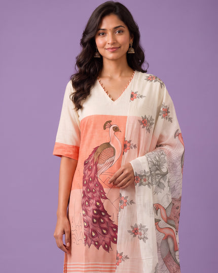 Madhubani Printed Peacock Design 3PC Kurti Set in Peach Colour with Printed Dupatta | Stylish Ethnic Wear | Ready to Wear