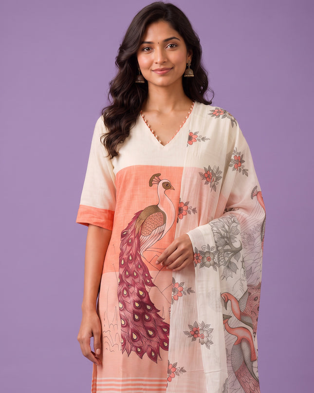 Madhubani Printed Peacock Design 3PC Kurti Set in Peach Colour with Printed Dupatta | Stylish Ethnic Wear | Ready to Wear