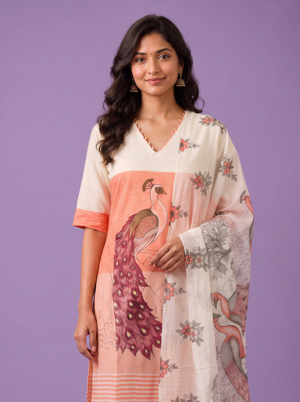 Madhubani Printed Peacock Design 3PC Kurti Set in Peach Colour with Printed Dupatta | Stylish Ethnic Wear | Ready to Wear